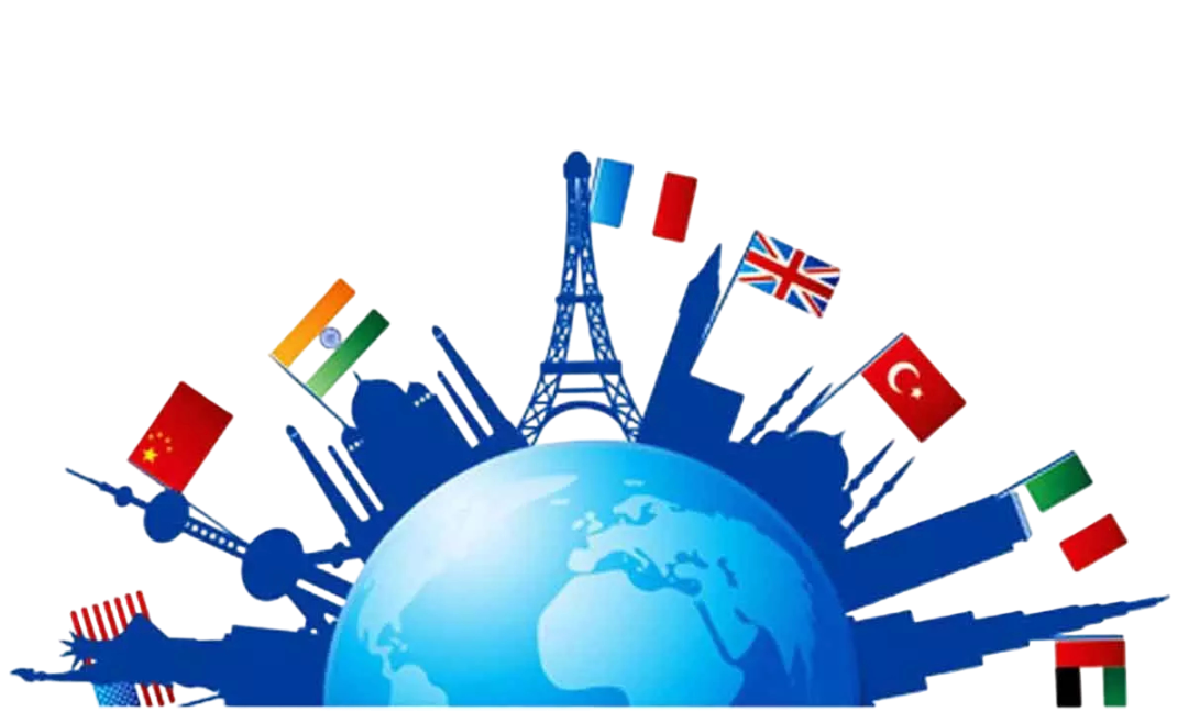 Illustration of a globe surrounded by international landmarks and flags
